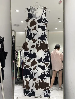 Di Si Ling originalaus dizaino imitacija karvė ilgas berankovis suknelė susiuvimo spalva 2021 m. pavasarį naujas
