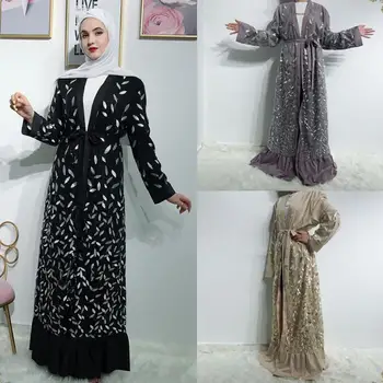 Didmeninė plius dydis Dubajaus mados musulmonų blizgučiais duobute abaja moteris visas ilgis megztinis atidaryti رداء abayas islamo skraiste wq2128
