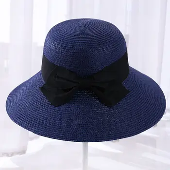 DONGYUN010 Nauja mergina, panele laisvalaikio bowknot juostelės saulės, skrybėlę, panama Moterų šventė diskelių paplūdimys šiaudų skrybėlę kepurės
