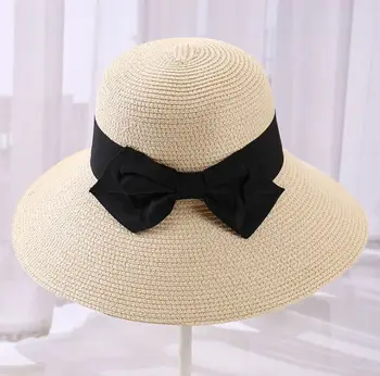 DONGYUN010 Nauja mergina, panele laisvalaikio bowknot juostelės saulės, skrybėlę, panama Moterų šventė diskelių paplūdimys šiaudų skrybėlę kepurės