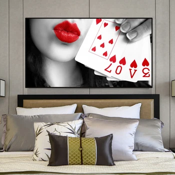 Drobė, tapyba, moteris su raudona lūpų, turintis raudoną širdį kortelę, kuri simbolizuoja meno spausdinimo ir vidaus apdailos MEILĖS