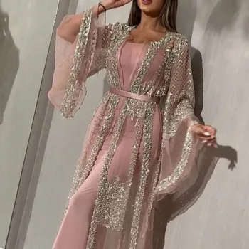 Dubajus Abayavestido de lujo para mujer, vestido Maxi negro de lujo con lentejuelas encaje bordado Kaftan islmico Kimono 2021
