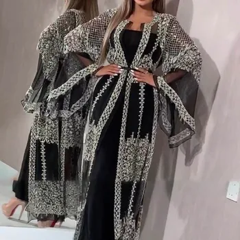 Dubajus Abayavestido de lujo para mujer, vestido Maxi negro de lujo con lentejuelas encaje bordado Kaftan islmico Kimono 2021