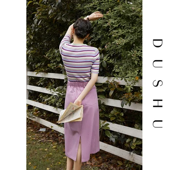 DUSHU Moterų Paprastas Atsitiktinis Dryžuotas Megztinis 2021 M. Vasaros Naują Stilių Violetinė Žalia Dryžuota V-Kaklo Trikotažas Moterims Palaidinės