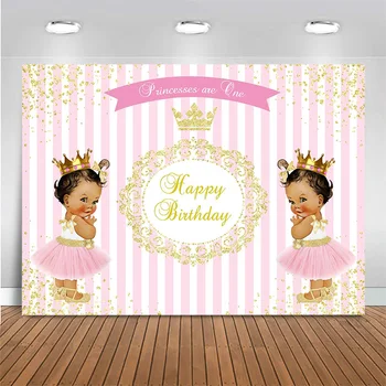 Dvi Mažai Princeses Fone Rožinės Juostelės Aukso Karūną Blizgučiai Fone Gimtadienio Fotografijos Fono Foto Studija