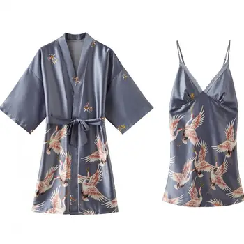 Dviejų Dalių Komplektas Spausdinti Kimono Skraiste Suknelė Prarasti Moterų Atlasas Pižamą Seksualus Chalatas Sleepwear Nuotaka Bridesmaid, Vestuvių Lingerie