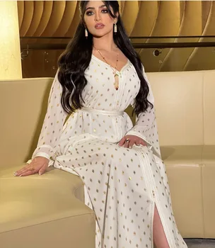 Dviejų Dalių Suknelė Nustatyti Moterų, Musulmonų Ramadano Eid Jalabiya Balta Dot Aukso Antspaudas Dubajus Arabų Maroko Turkija Kaftan Drabužiai Nauji