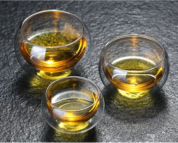 Dvigubo sluoksnio stiklo maži arbatos puodelio Izoliacija mažosios taurės Karščiui atsparaus Kung Fu arbatos rinkinys Arbatos puodelio Kovos-plikymo skaidrus mažosios taurės