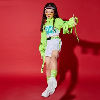 Džiazo, Hip-Hop Šokių Kostiumas Fluorescencinė Žalia Apkarpyti Viršūnes Mergaičių Drabužius Hip-Hop Veiklos Drabužius Podiumo Etape Kostiumas BL6525