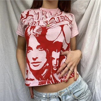 E-girl Harajuku Grafinis Spausdinti marškinėliai 90-ųjų Moterų Derliaus Pasėlių Viršuje Y2K Estetinės Vasaros Slim Fit Tees Viršūnes Streetwear Gothic Punk