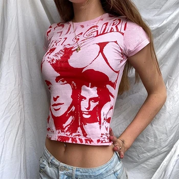E-girl Harajuku Grafinis Spausdinti marškinėliai 90-ųjų Moterų Derliaus Pasėlių Viršuje Y2K Estetinės Vasaros Slim Fit Tees Viršūnes Streetwear Gothic Punk