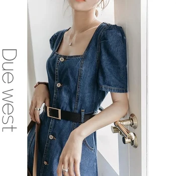Elegantiškas Džinsinio Audinio Suknelė Moteris Vasarą 2021 Plonas Aikštėje Apykaklės Midi Skraiste, Mėlyna Trumpas Sluoksniuotos Rankovėmis Tunikas Atsitiktinis Korėjos Vientisas Suknelė