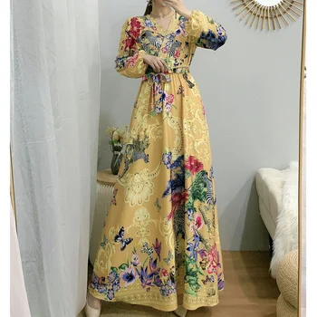 Elegantiškas Maxi Suknelė Moterims 2021 M. Pavasarį Long Sleeve V-Kaklo Gėlių Spausdinti Atsitiktinis Suknelė