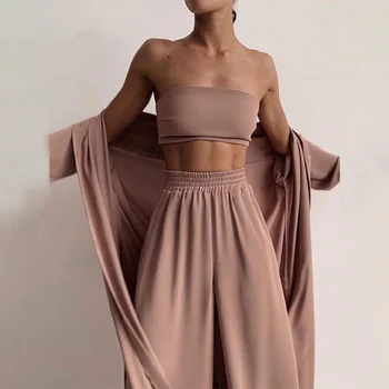 Elegantiškas, Minkštas Moterų 3 Gabalas Komplektus Mados Atsitiktinis Wrap Kietas Viršūnes Ir Plati Koja Kelnės, Kostiumai Homewear Seksuali Moteris Trijų Dalių Rinkiniai