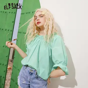 ELFSACK Kietas Grynas Off-Pečių Atsitiktinis Marškinėliai Moterims 2021 M. Vasarą ELF Derliaus Minimalistinio Princesė Sweety Girly Kasdien Viršų
