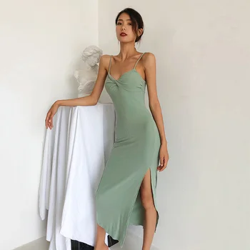 GALCAUR Juoda Backless Suknelė Moterims V Kaklo, Rankovių Aukštos Juosmens Apvalkalą Pusės Split Minimalistinio Vidurio Suknelės Patelės Vasarą 2021