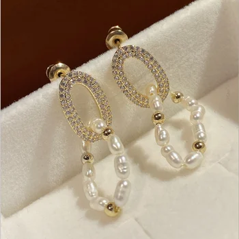 Geometrinės apskritimo, ovalo formos gėlavandenių perlų string auskarai moterims