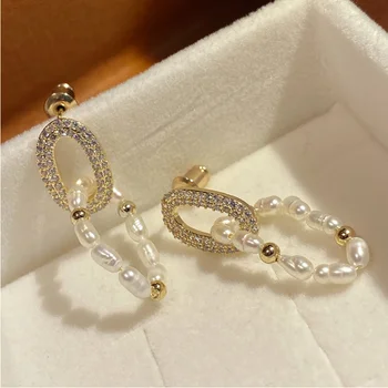 Geometrinės apskritimo, ovalo formos gėlavandenių perlų string auskarai moterims