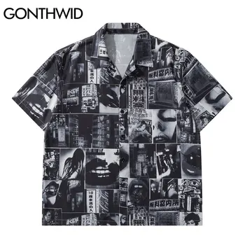 GONTHWID Mygtuką, Marškiniai, Paltai Hip-Hop Japonijos Plakatų Spausdinimo Trumpas Rankovės Kailis Streetwear Harajuku Punk Rock, Gothic Atsitiktinis Viršūnės