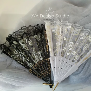Gotikinio Stiliaus Juoda Ir Aukso Ventiliatorius Balto Aukso Kryžiaus ROSE Lolita Fotografijos Prop Lankstymo Ventiliatorius ventiliatoriaus Nėrinių Suknelė