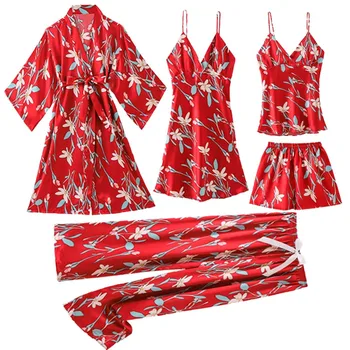 Gėlių Satino Sleepwear Moterų 5VNT Pižama Kostiumas Su Krūties Pagalvėlės Spausdinti Kimono Skraiste Vasaros Suknelė Ledo Šilko Intymus apatinis Trikotažas
