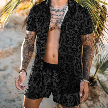 Gėlės T-Shirt Vyrams Vasaros Didelio Dydžio Greitas Sausas Atsitiktinis Mados Black Print Havajų Paplūdimyje Stiliaus Šortai, Trumpi Rankovėmis Marškinėliai Rinkinys