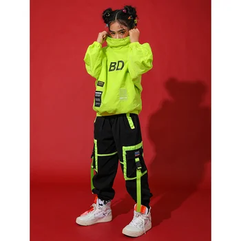 Hip-Hop Drabužiai Vaikams Šokių Kostiumai Žiemos Neoninė Žalia ilgomis Rankovėmis Kostiumas Džiazo Streetwear Vaikų Diena Hip-Hop Kostiumas 110-170cm