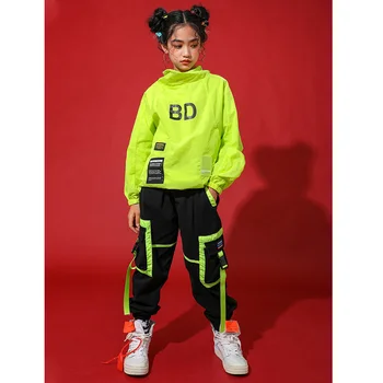 Hip-Hop Drabužiai Vaikams Šokių Kostiumai Žiemos Neoninė Žalia ilgomis Rankovėmis Kostiumas Džiazo Streetwear Vaikų Diena Hip-Hop Kostiumas 110-170cm
