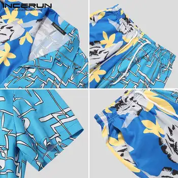 INCERUN Vasaros Vyrų Havajų Rinkiniai Spausdinti Kratinys Atvartas Trumpas Rankovės Marškinėliai Paplūdimio Šortai Kvėpuojantis Atostogų vyriški Kostiumai 2 vnt
