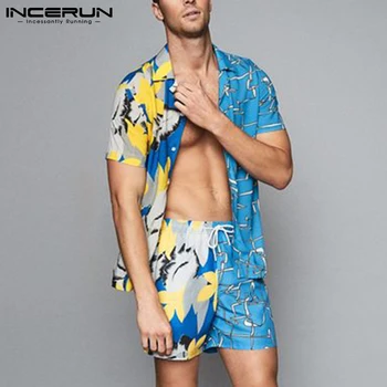 INCERUN Vasaros Vyrų Havajų Rinkiniai Spausdinti Kratinys Atvartas Trumpas Rankovės Marškinėliai Paplūdimio Šortai Kvėpuojantis Atostogų vyriški Kostiumai 2 vnt