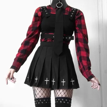InsGoth Aukšto Juosmens Mini Black Sijonai Gotikos Streetwear Kryžiaus Spausdinti Plisuotos Moterų Sijonai Atsitiktinis Kolegijos Lolita Harajuku Sijonas