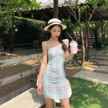 Japonijos saldus ins vasaros naują retro žalia modelio pledas suknelė sexy plonas mielas mažai šviežių suknelė mados moterims