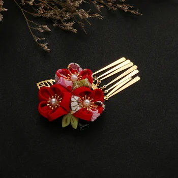 Japonų Stiliaus Plaukų Clips Plaukų Gėlių Formos Žiburių Šukuosena Kimono Priedai Raudona