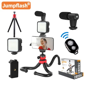 Jumpflash RINKINYS-04LM VEIDRODINIAI SLR Telefono Vlog Stovo, blykstės ir fotoaparato kontaktinės jungties Telefono Laikiklis,Mini Trikojis su Nuotolinio Valdymo Mikrofonas LED Šviesos
