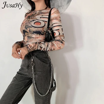 JusaHy Punk Y2K Apkarpyti Viršūnes Gotikos Spausdinti Gatvės Tee Marškinėliai Moterims Atsitiktinis Pagrindinio Tees Moterų 2021 M. Vasaros Mados ilgomis Rankovėmis Viršų