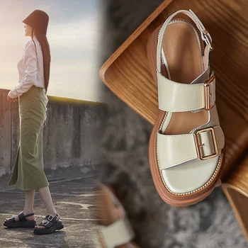 KARŠTO pardavimo Moterų sandalai natūralios Odos Vasarą Batai plius dydis 22-26cm Pilnas odinis Metalo sagtis atsitiktinis lauko platforminiai batai