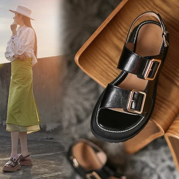 KARŠTO pardavimo Moterų sandalai natūralios Odos Vasarą Batai plius dydis 22-26cm Pilnas odinis Metalo sagtis atsitiktinis lauko platforminiai batai