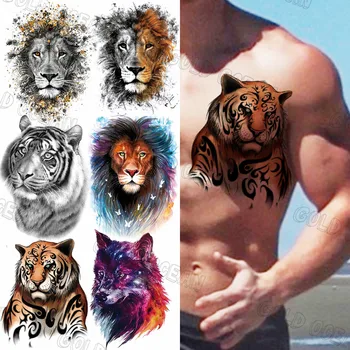Kietas Tigras Karalius Laikinos Tatuiruotės Vyrų Suaugusiųjų Tikroviškos Liūtas, Vilkas Drugelis Netikrą Tatuiruotę Lipdukas Vandeniui Tatoos Rankos Kojos