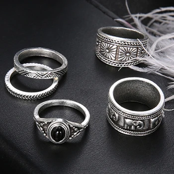 Klasikinės Spalvos Moterys Žiedas Nustatyti Turas Totem Vintage Black Stone Moteriška Didelis Nerūdijančio Plieno Bohemijos Žiedai