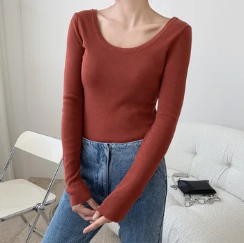Knit V Back Cotton Scoop Neck Tops Women Slim Fit Knitwear Thin One Size