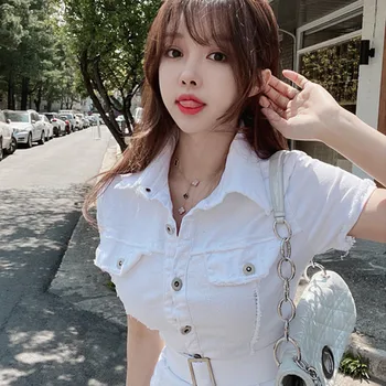 Korėjos 2021 m. Vasarą Naujos elastinės Baltos spalvos Plonas Mygtukai Diržo Karšto Seksualus Mini Marškinėliai Šalis Suknelė Elegantiška Moteris Džinsinio audinio Suknelės Derliaus 7MOZ