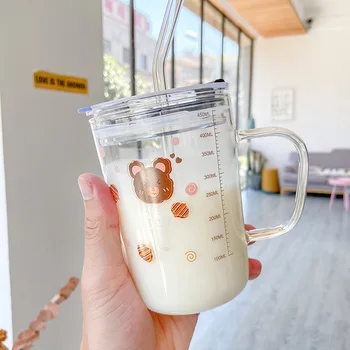 Korėjos animacinių filmų gyvūnų masto stiklo puodelis su rankena šiaudų vandens puodelio boro silikatinio vaikų pusryčiai pieno puodelis