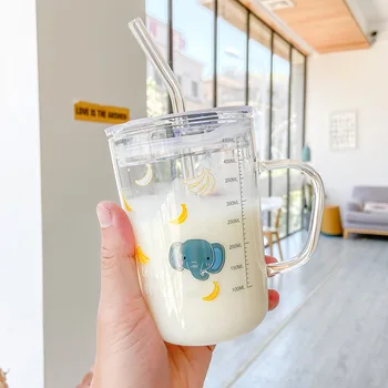 Korėjos animacinių filmų gyvūnų masto stiklo puodelis su rankena šiaudų vandens puodelio boro silikatinio vaikų pusryčiai pieno puodelis