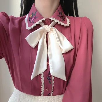 Korėjos Chic Pavasario Moterys Puošni Palaidinė Derliaus Elegantiškas Lankas Lady Marškinėliai Turn-Žemyn Apykaklės Gėlių Siuvinėjimas Šifono Blusas 13648