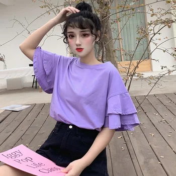 Korėjos Prarasti Atsitiktinis Raukiniai Trumpas Rankovės Paprastus marškinėlius Vasaros kawaii Kietas marškinėliai harajuku ulzzang O-kaklo tees violetinė balta