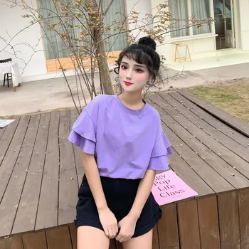 Korėjos Prarasti Atsitiktinis Raukiniai Trumpas Rankovės Paprastus marškinėlius Vasaros kawaii Kietas marškinėliai harajuku ulzzang O-kaklo tees violetinė balta
