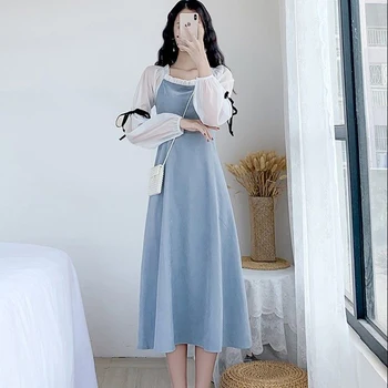 Korėjos Stiliaus Nėrinių Susiuvimo Ilgomis Rankovėmis Aikštėje Apykaklės Suknelės Elegantiškas Aukšto Juosmens Juoda Mėlyna Moterų Suknelė Atsitiktinis Saldus Midi Suknelė