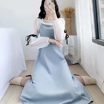 Korėjos Stiliaus Nėrinių Susiuvimo Ilgomis Rankovėmis Aikštėje Apykaklės Suknelės Elegantiškas Aukšto Juosmens Juoda Mėlyna Moterų Suknelė Atsitiktinis Saldus Midi Suknelė