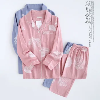 Korėjos Šviežio klevo lapų pajama komplektai moterų marlės medvilnės ilgomis rankovėmis atsitiktinis sleepwear moterų pižamos vasaros karšto pardavimo 2020 m.