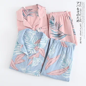 Korėjos Šviežio klevo lapų pajama komplektai moterų marlės medvilnės ilgomis rankovėmis atsitiktinis sleepwear moterų pižamos vasaros karšto pardavimo 2020 m.